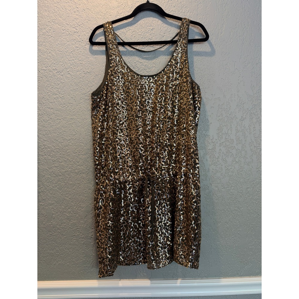 Moda International Sequin Mini Dress‎ Olive Green Gold Drawstring Waist Large